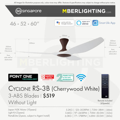 Fan specification for cyclone 3blade ceiling fan in white blade and cherry wood body without LED