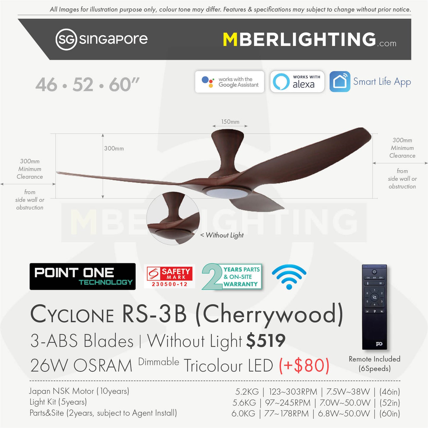 Fan specification for cyclone 3blade ceiling fan in full cherry wood with LED