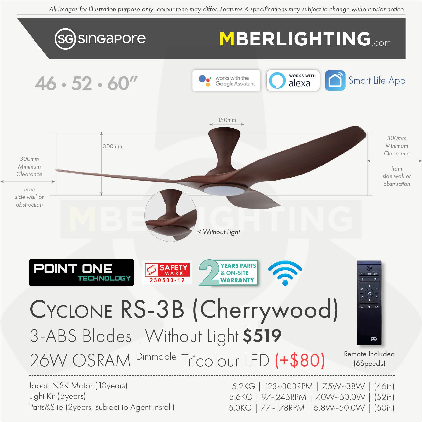 Fan specification for cyclone 3blade ceiling fan in full cherry wood with LED