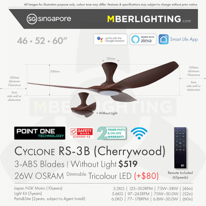 Fan specification for cyclone 3blade ceiling fan in full cherry wood with LED