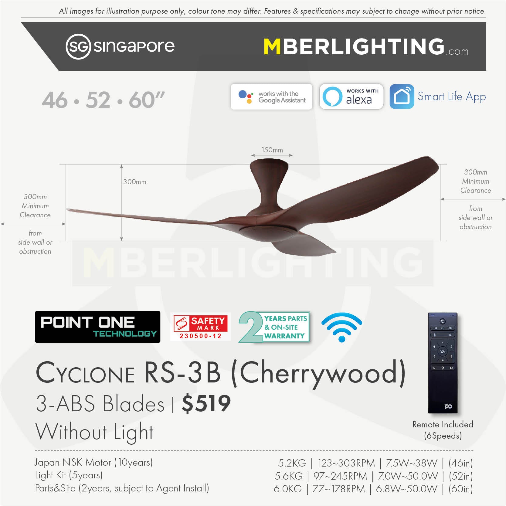 Fan specification for cyclone 3blade ceiling fan in full cherry wood without LED