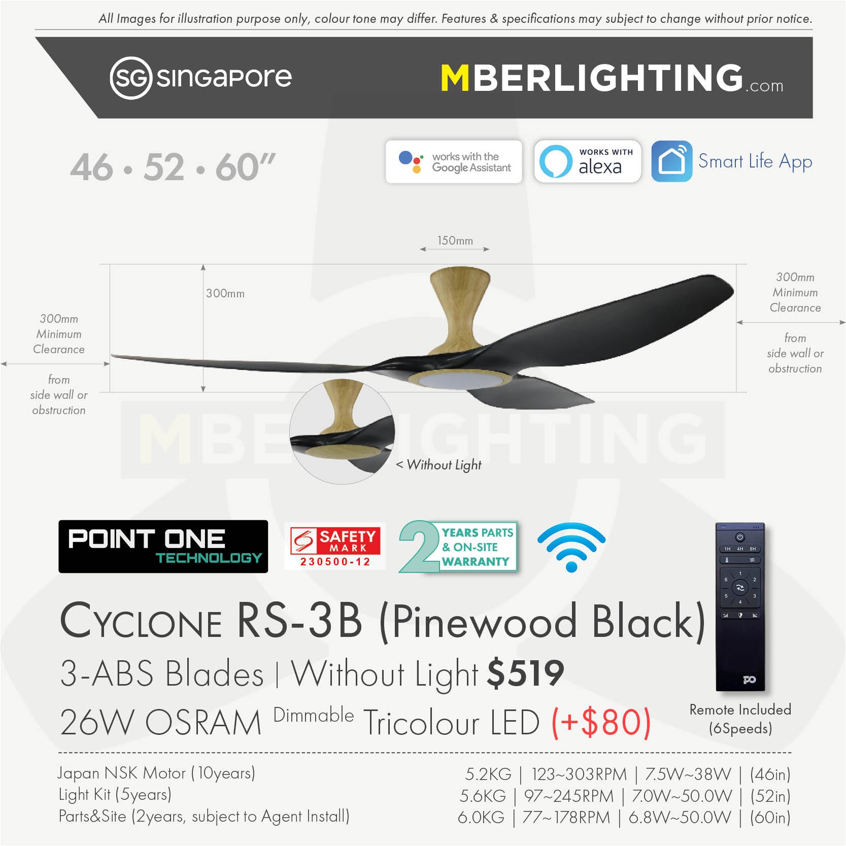 Fan specification for cyclone 3blade ceiling fan in black blade and pine body with LED