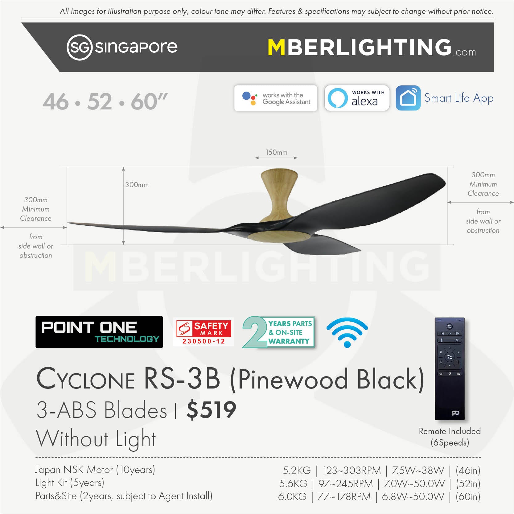Fan specification for cyclone 3blade ceiling fan in black blade and pine body without LED