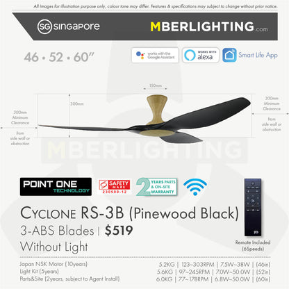 Fan specification for cyclone 3blade ceiling fan in black blade and pine body without LED
