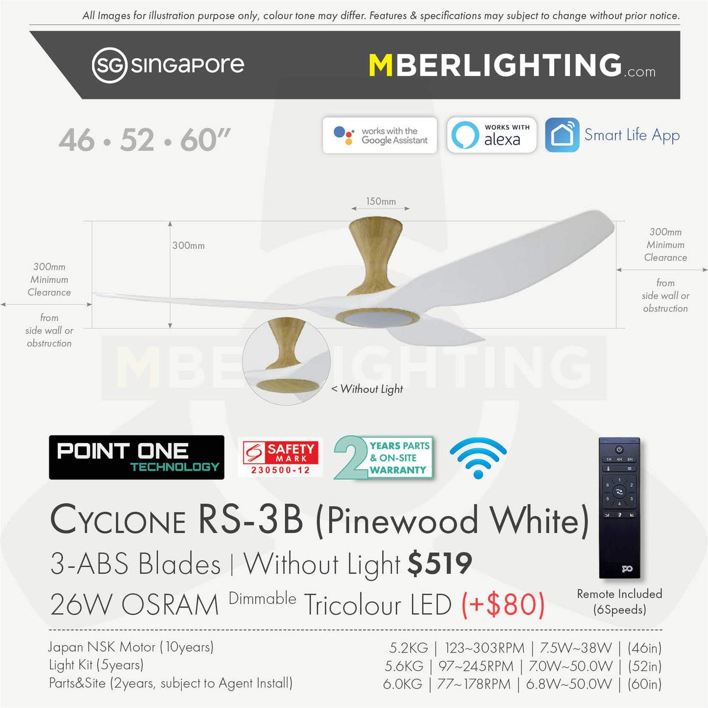 Fan specification for cyclone 3blade ceiling fan in white blade and pine body with LED