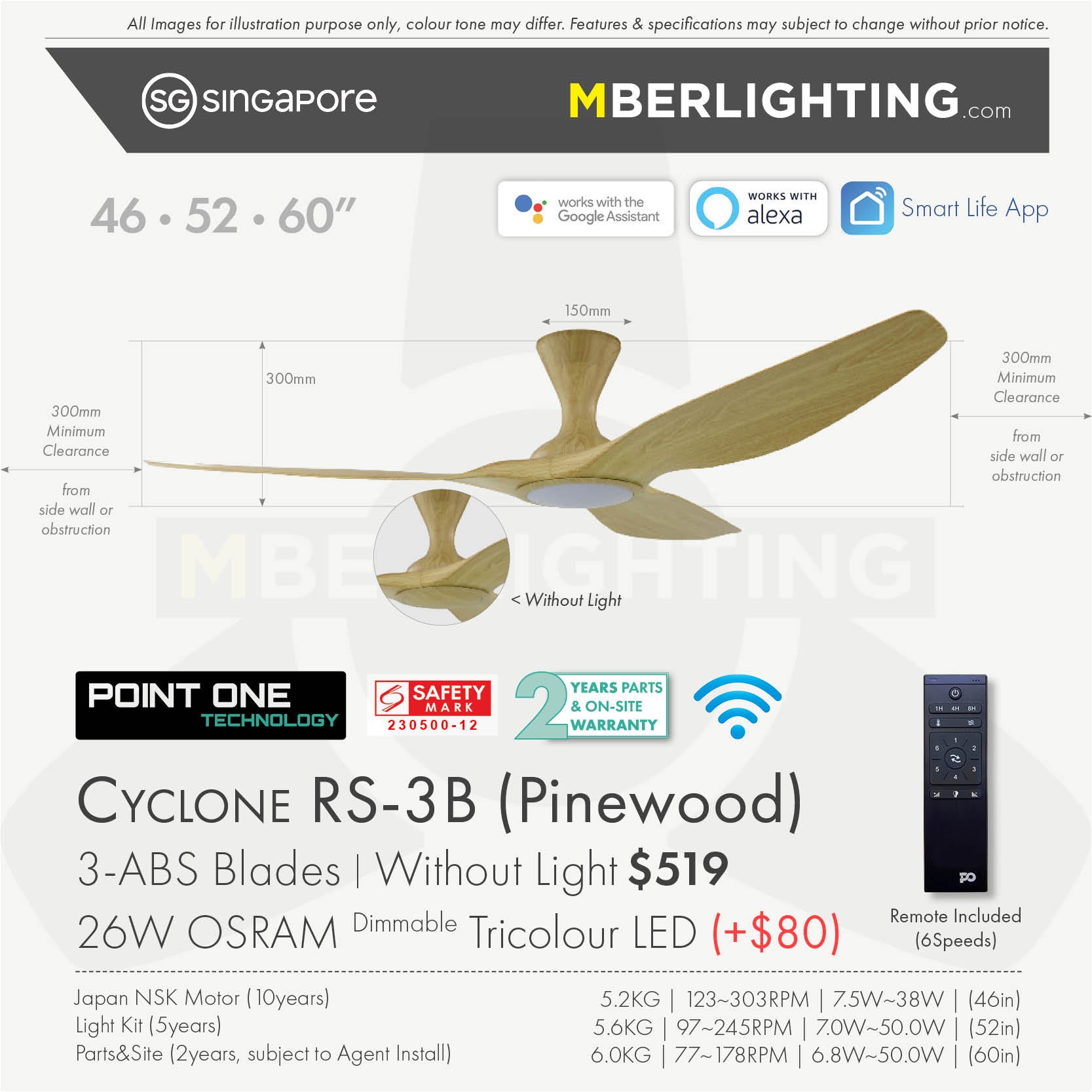 Fan specification for cyclone 3blade ceiling fan in full pine wood tone with LED