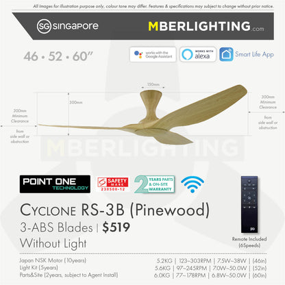Fan specification for cyclone 3blade ceiling fan in full pine wood tone without LED