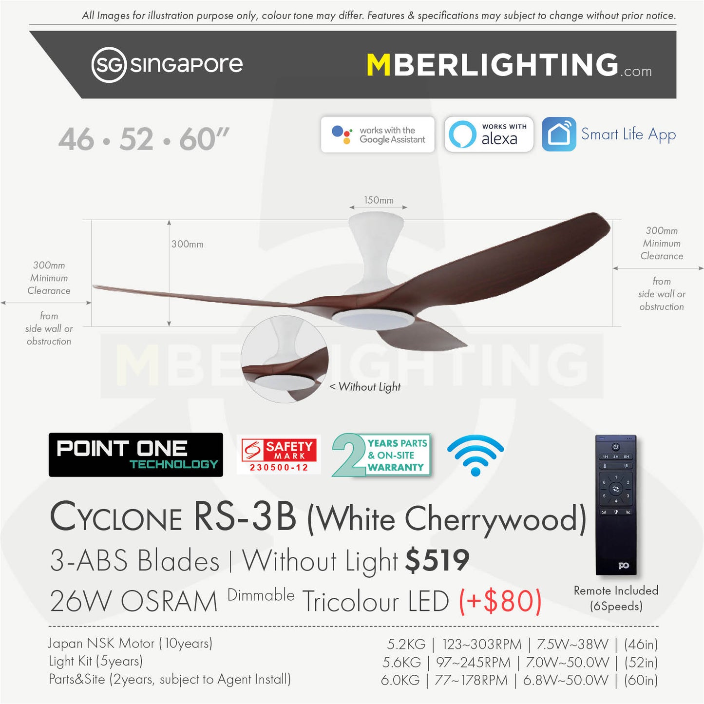 Fan specification for cyclone 3blade ceiling fan in cherry wood blade and white body with LED
