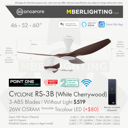 Fan specification for cyclone 3blade ceiling fan in cherry wood blade and white body with LED
