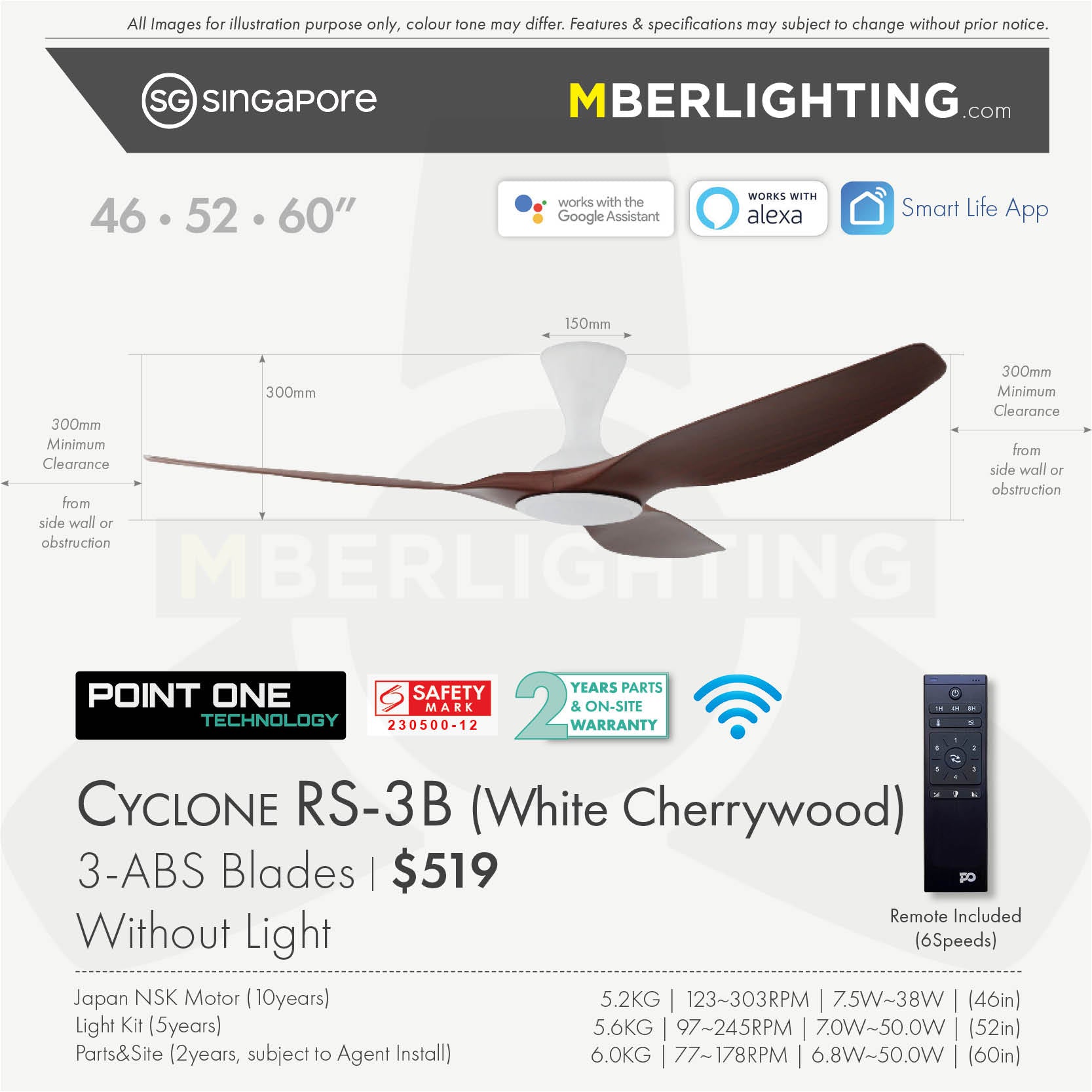 Fan specification for cyclone 3blade ceiling fan in cherry wood blade and white body without LED
