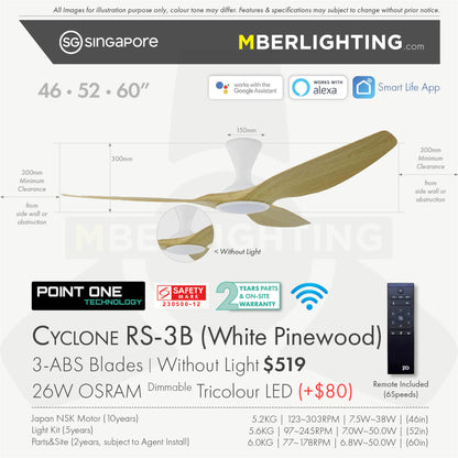 Fan specification for cyclone 3blade ceiling fan in pine wood blade and white body with LED