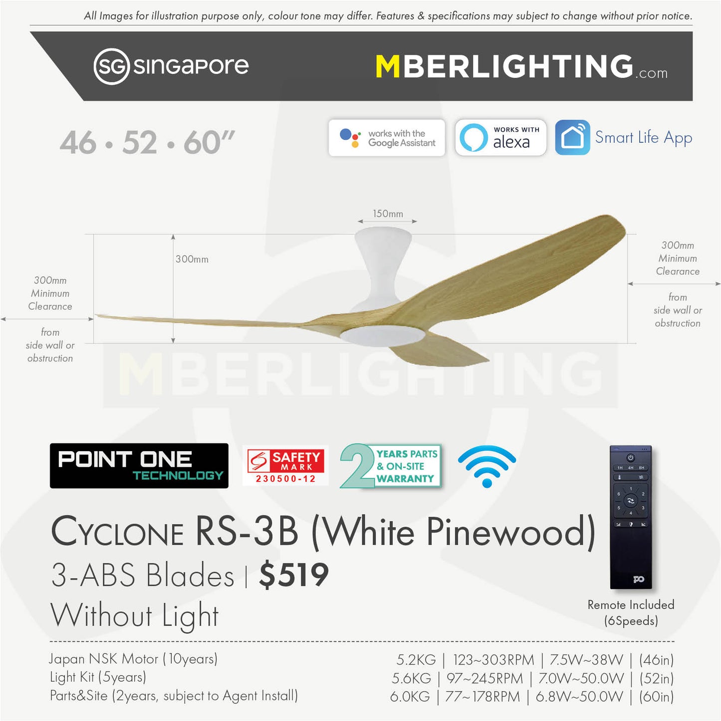 Fan specification for cyclone 3blade ceiling fan in pine wood blade and white body without LED