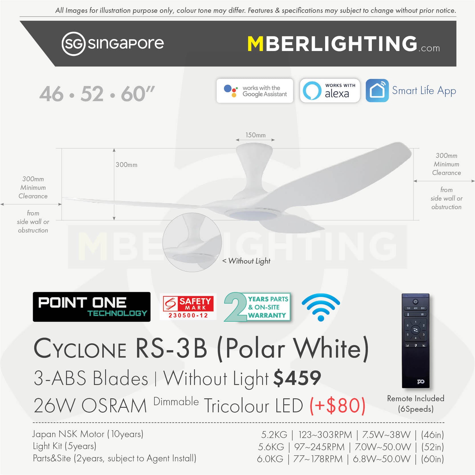Fan specification for cyclone 3blade ceiling fan in full white with LED