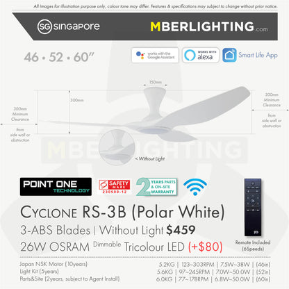 Fan specification for cyclone 3blade ceiling fan in full white with LED