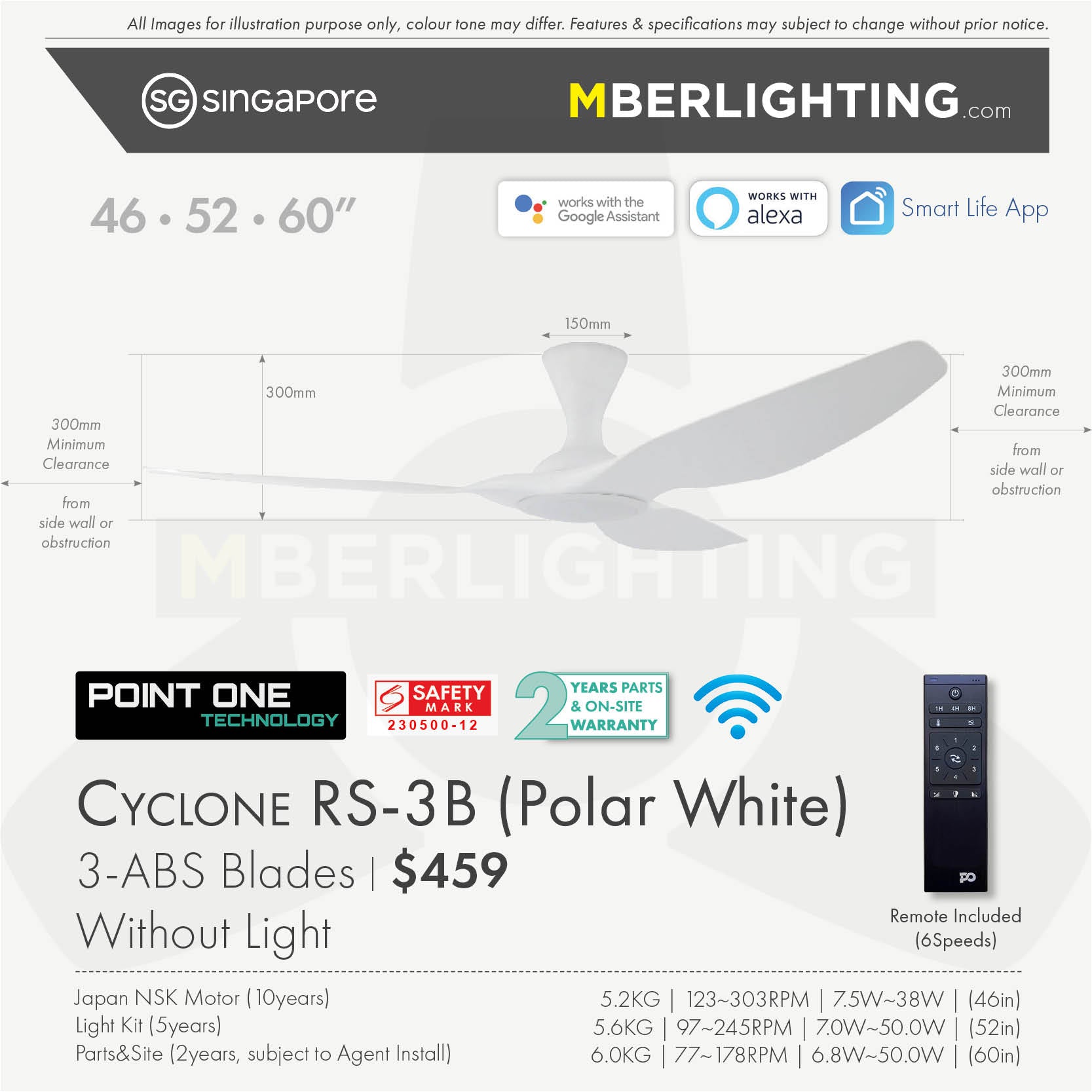 Fan specification for cyclone 3blade ceiling fan in full white without LED