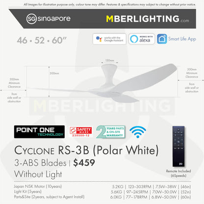 Fan specification for cyclone 3blade ceiling fan in full white without LED
