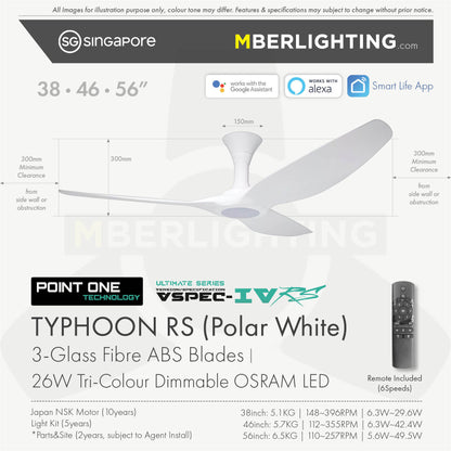 TYPHOON RS ceiling fan model with LED, in full White with fan Specifications