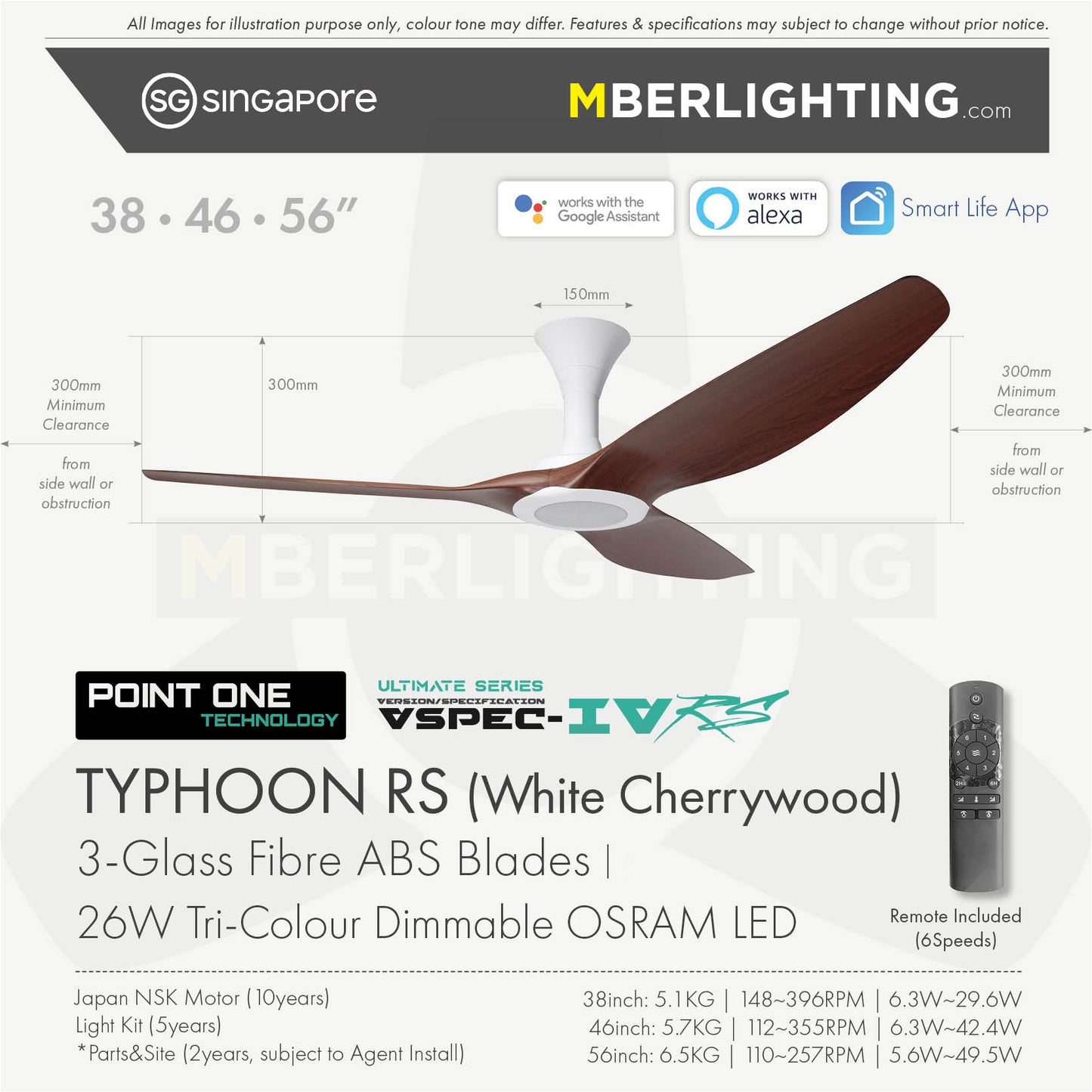 TYPHOON RS ceiling fan model with LED, in Cherrywood Blade and White Body with fan Technical Specifications