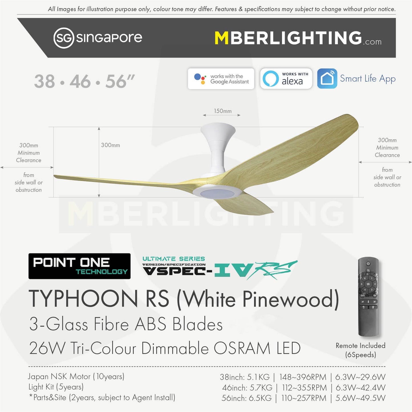 TYPHOON RS ceiling fan model with LED, in Pinewood Blade and White Body with fan Specifications