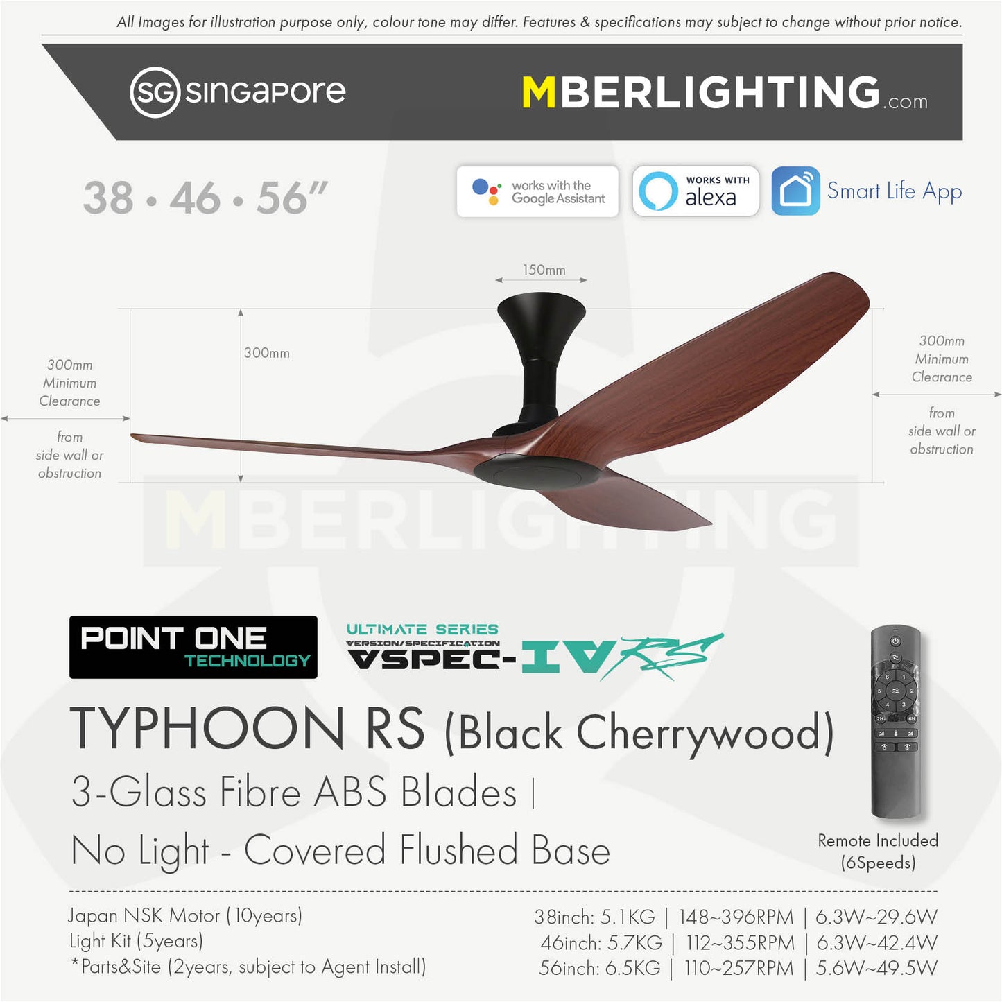 TYPHOON RS ceiling fan model without LED, in Cherrywood Blade and Black Body with fan Technical Specifications