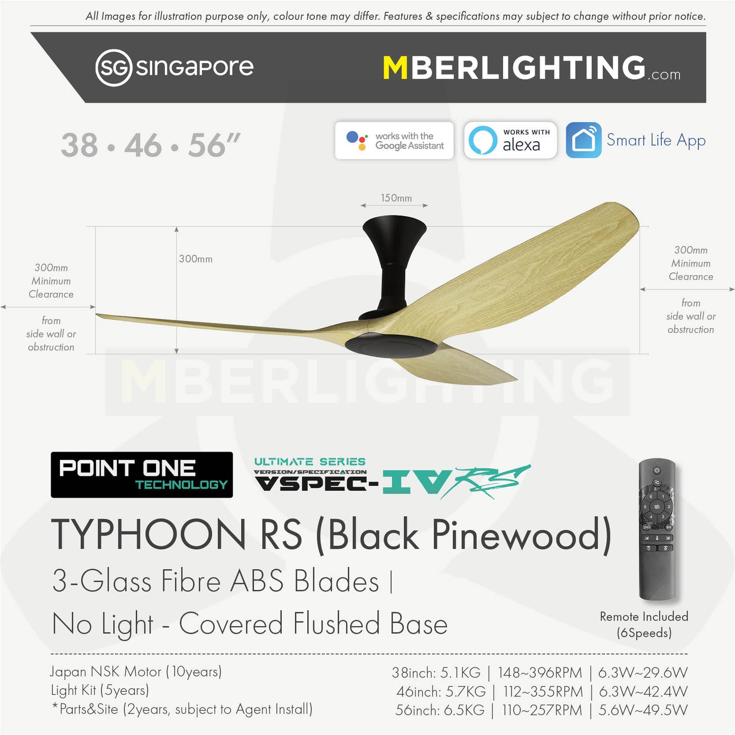 TYPHOON RS ceiling fan model without LED, in Pinewood Blade and Black Body with fan Specifications