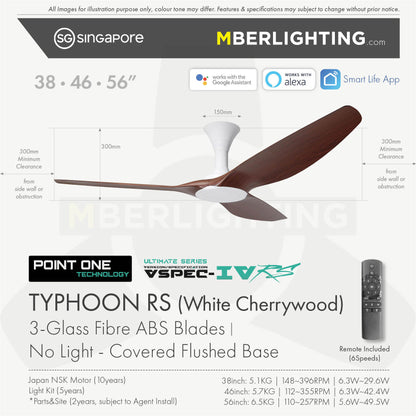TYPHOON RS ceiling fan model without LED, in Cherrywood Blade and White Body with fan Technical Specifications