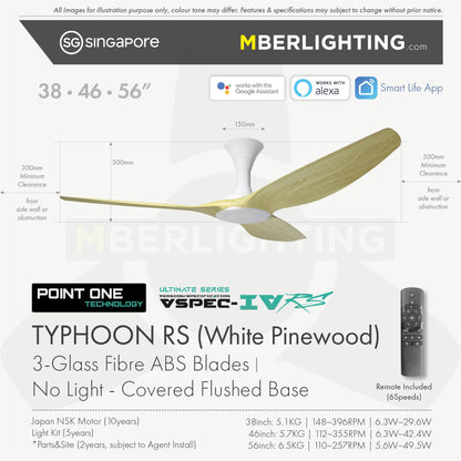 TYPHOON RS ceiling fan model without LED, in Pinewood Blade and White Body with fan Specifications