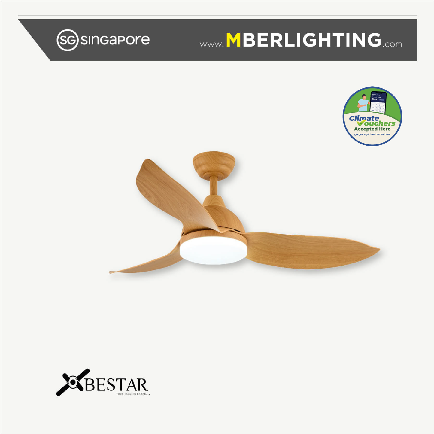 RAPTOR 3-Blades Drop Rod Ceiling Fan LIGHT WOOD