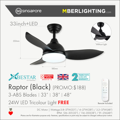 RAPTOR 3-Blades Drop Rod Ceiling Fan BLACK