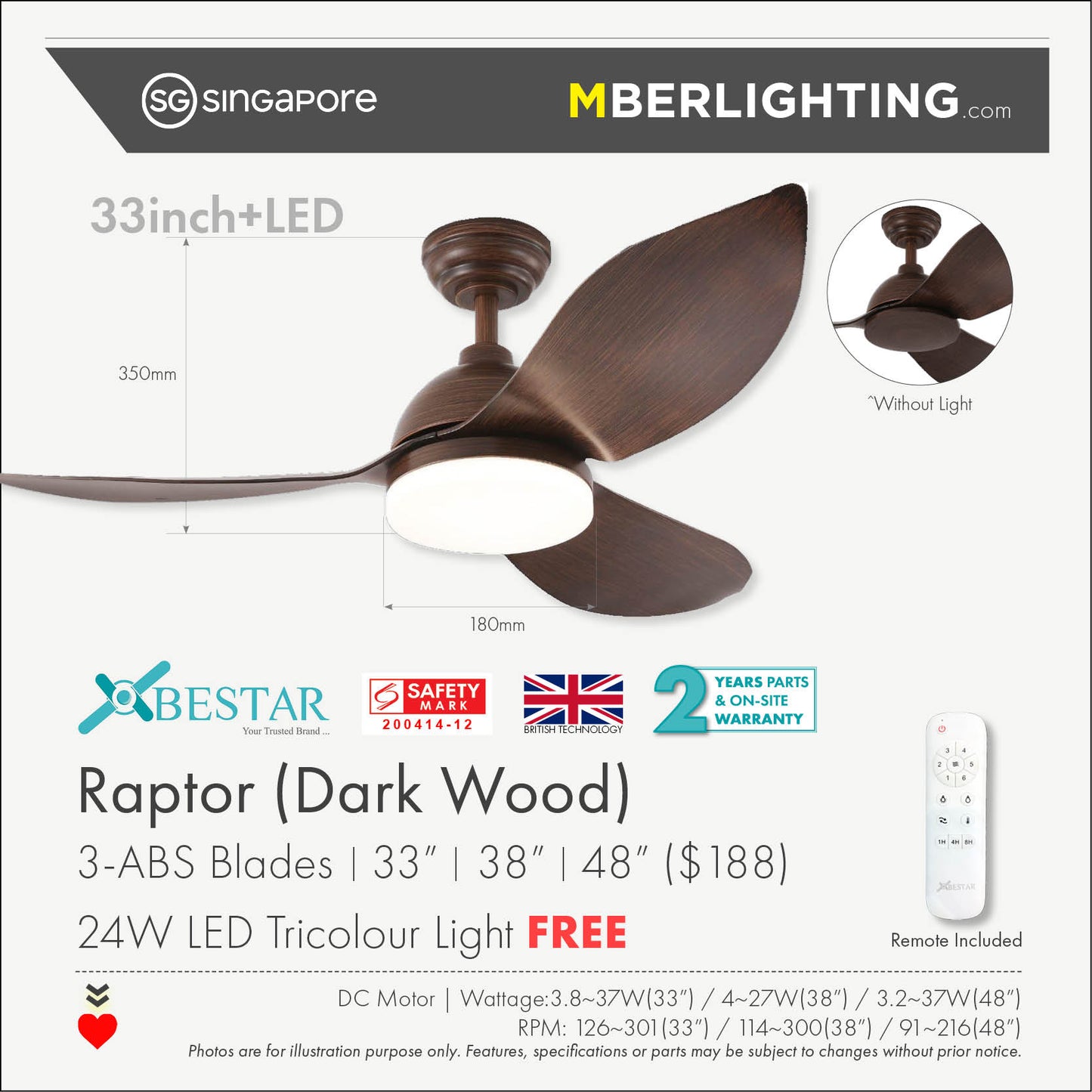 RAPTOR 3-Blades Drop Rod Ceiling Fan DARK WOOD