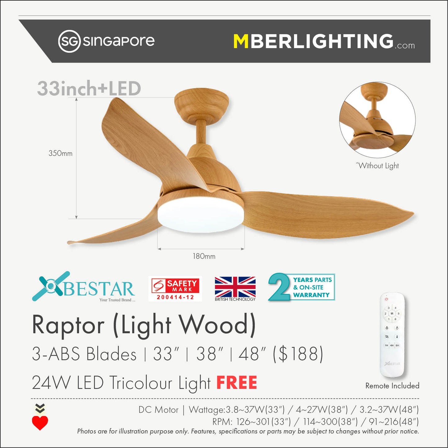 RAPTOR 3-Blades Drop Rod Ceiling Fan LIGHT WOOD