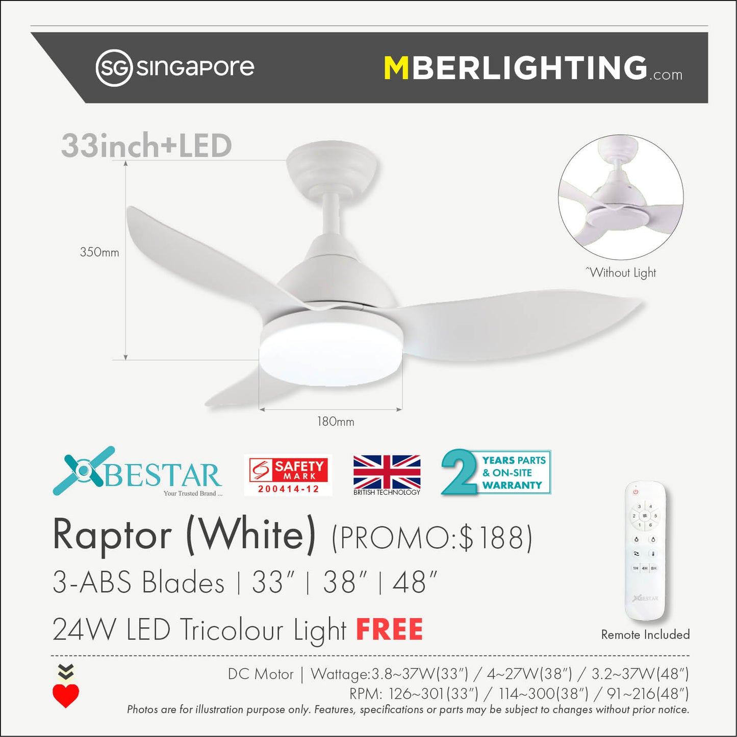 RAPTOR 3-Blades Drop Rod Ceiling Fan WHITE