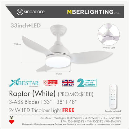RAPTOR 3-Blades Drop Rod Ceiling Fan WHITE