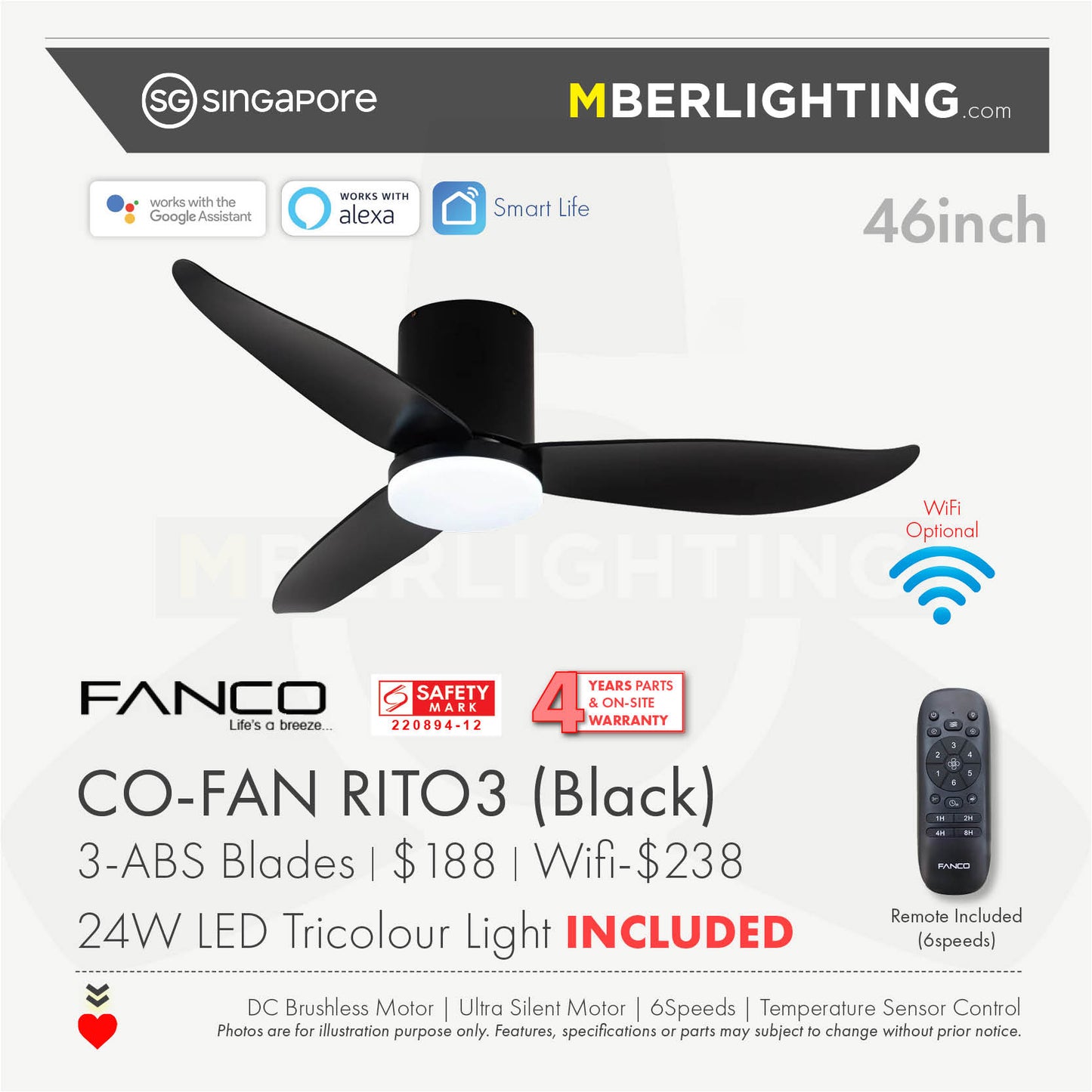 RITO3 3-Blades Hugger Ceiling Fan BLACK