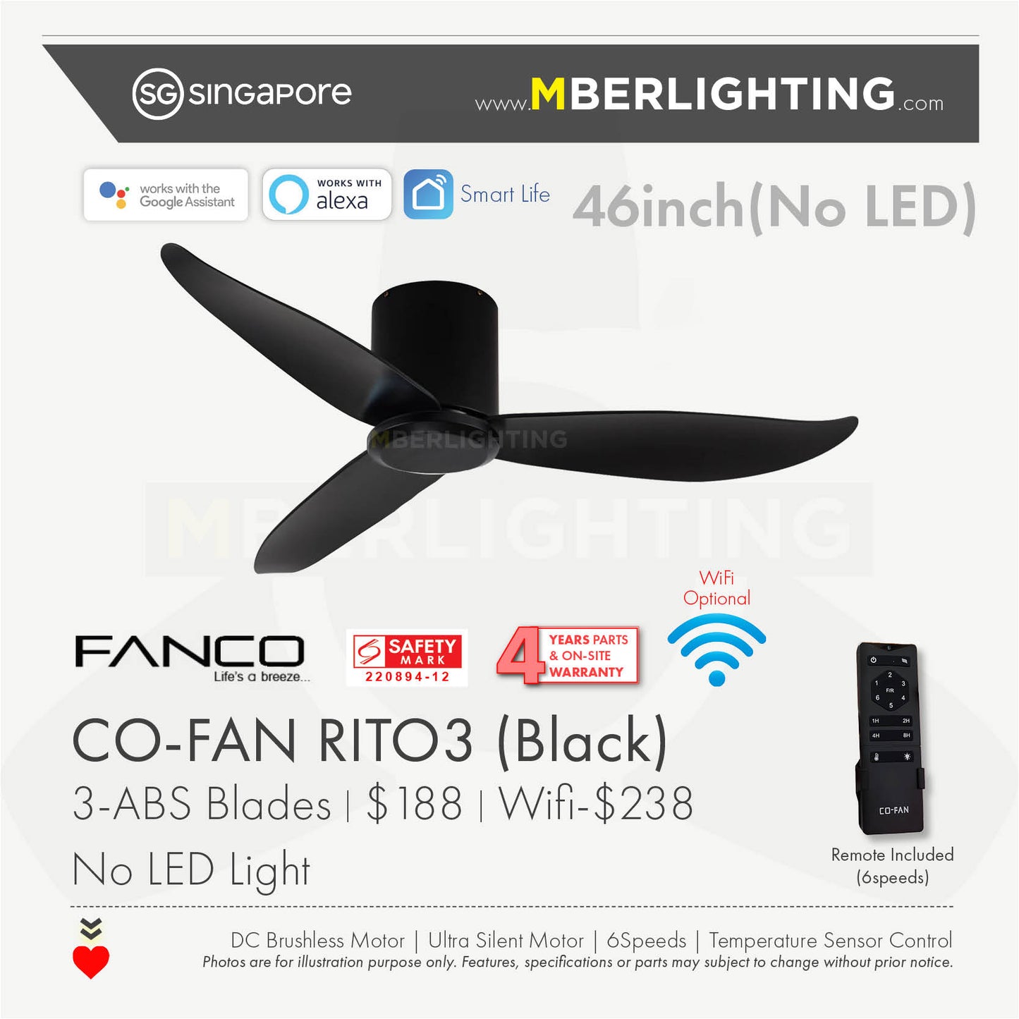 RITO3 3-Blades Hugger Ceiling Fan BLACK