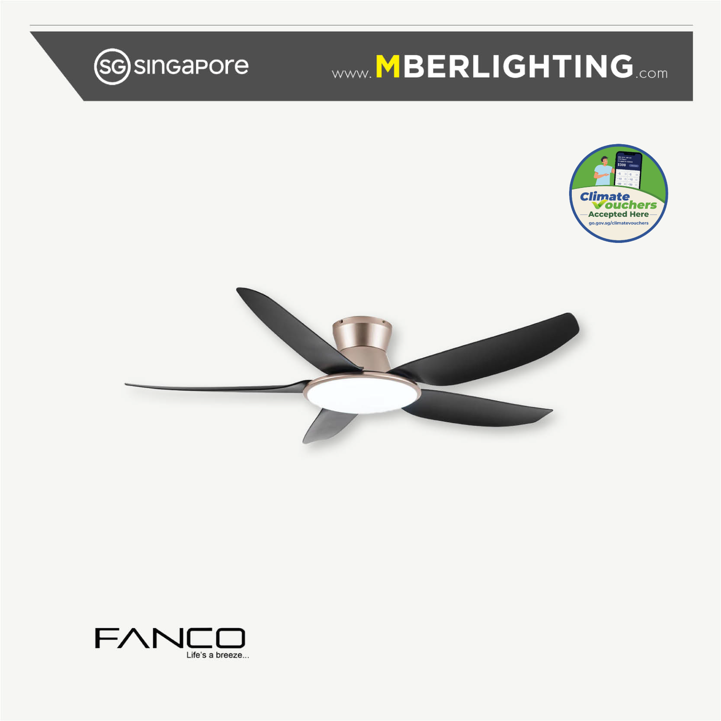Fanco Rito Plus ceiling fan with 5 blades and led lights in rose gold body and black coloured blades with climate voucher accepted