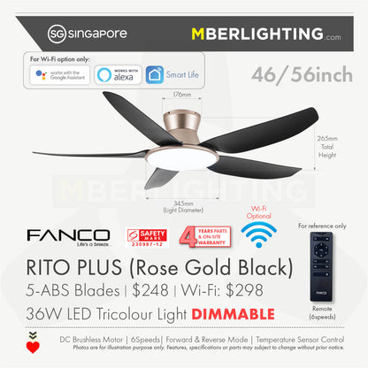 Fanco Rito Plus ceiling fan with 5 blades and led lights in rose gold body and black coloured blades fan specification
