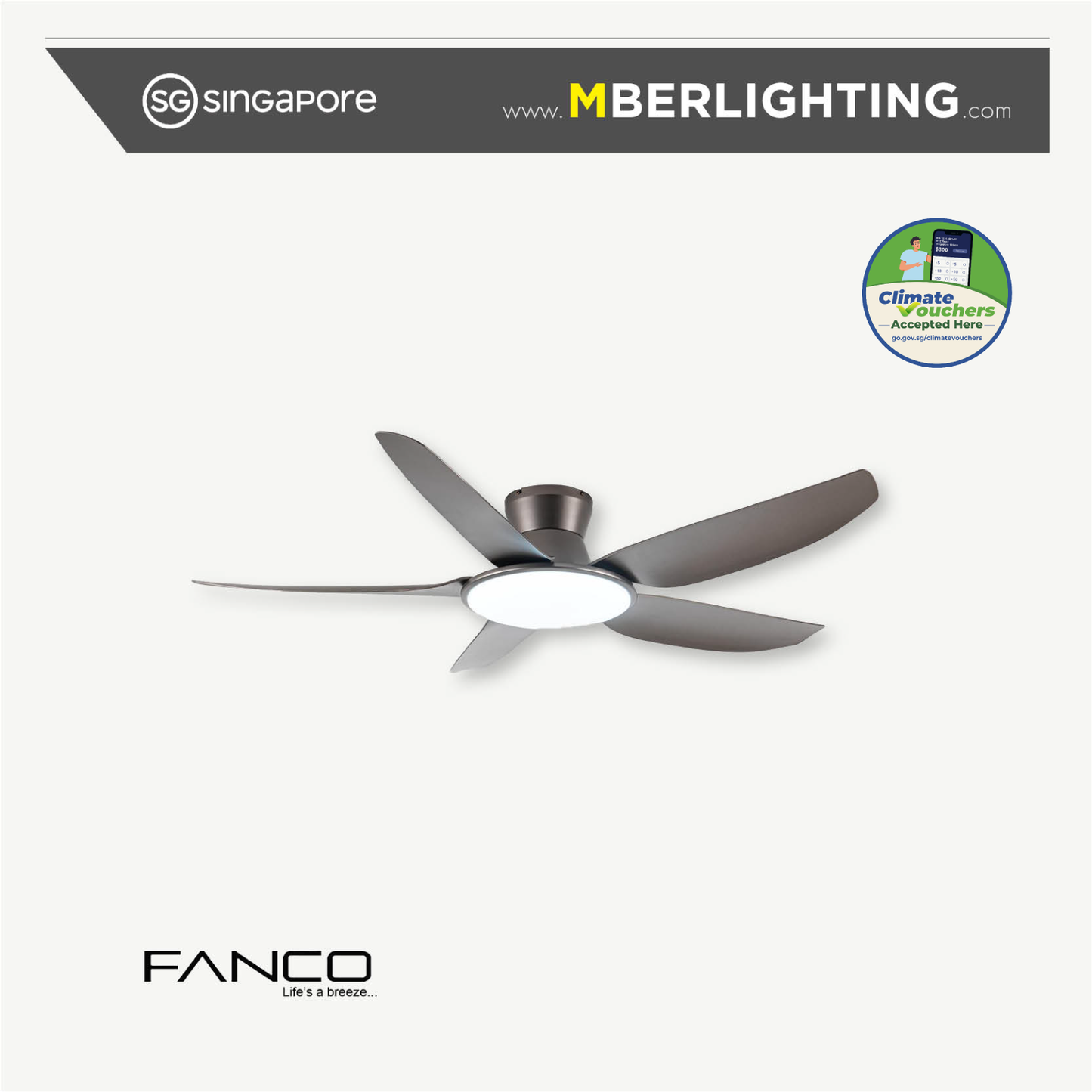 Fanco Rito Plus ceiling fan with 5 blades and led lights in space grey with climate voucher accepted 
