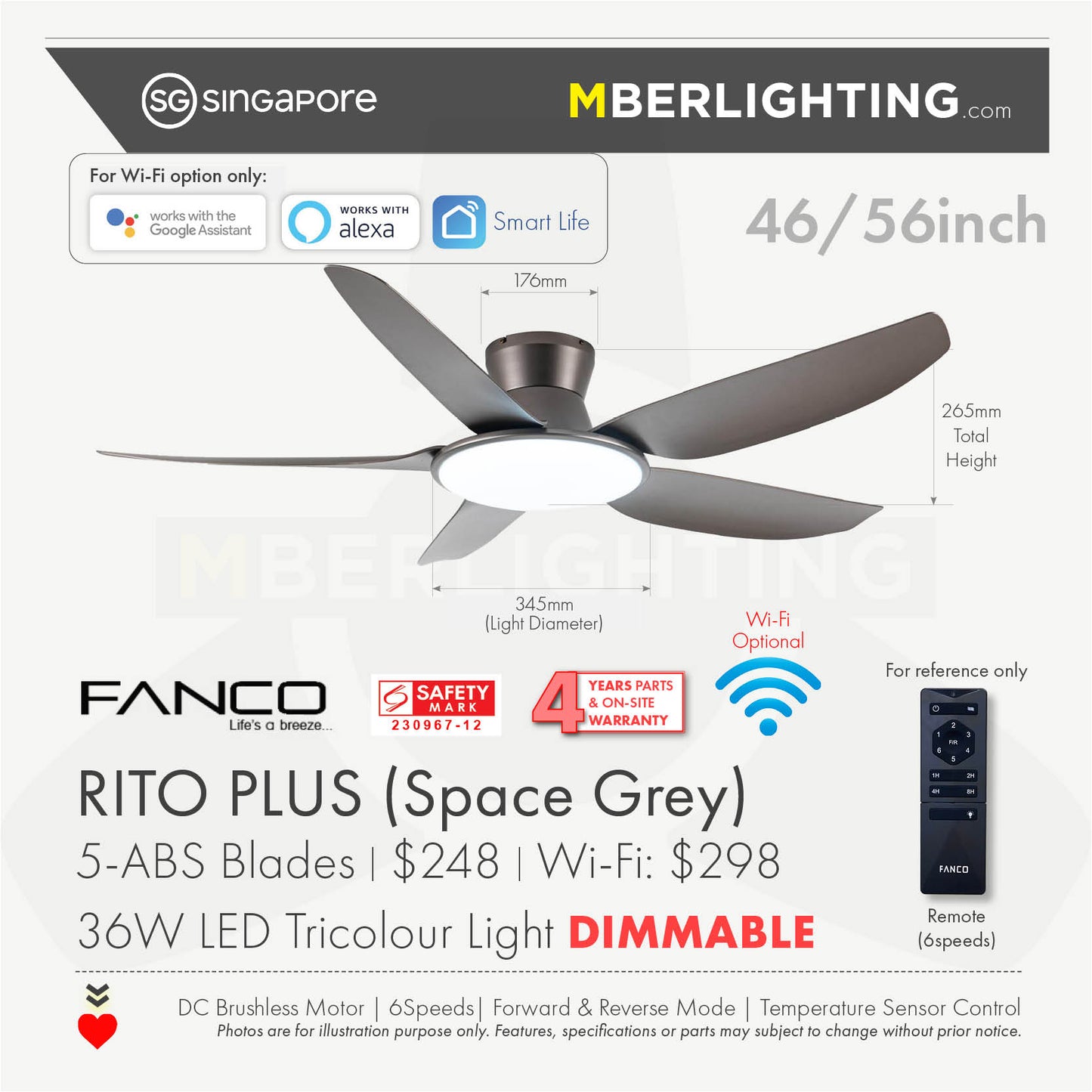 Fanco Rito Plus ceiling fan with 5 blades and led lights in space grey fan specification