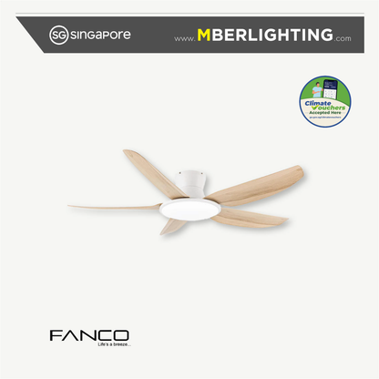 Fanco Rito Plus ceiling fan with 5 blades and led lights in white body and pine coloured blades with climate voucher accepted