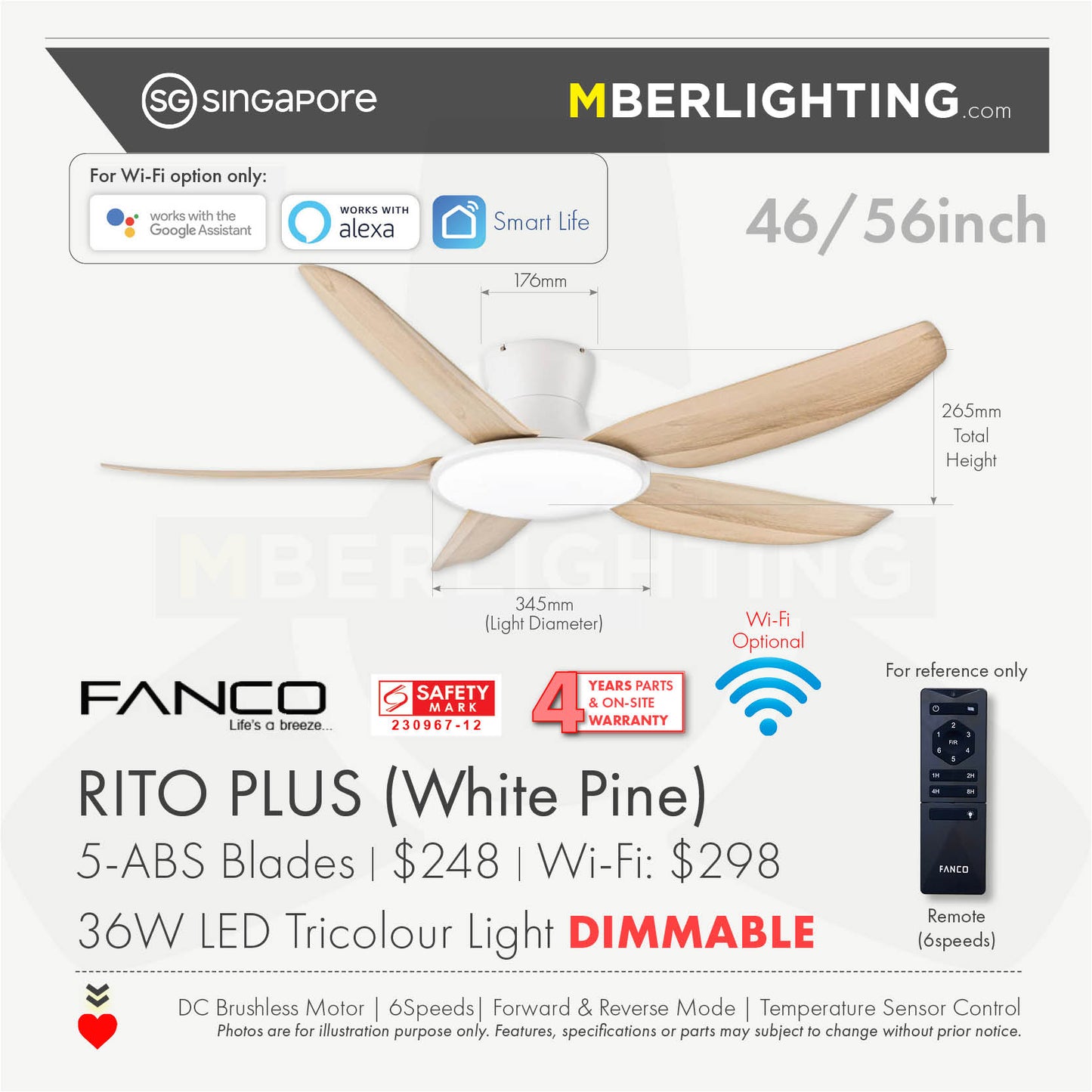 Fanco Rito Plus ceiling fan with 5 blades and led lights in white body and pine coloured blades fan specification