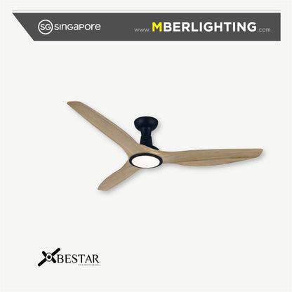 Bestar SLEEK 3 blade ceiling fan with LED light in black hugger body with maple wood tone fan blades