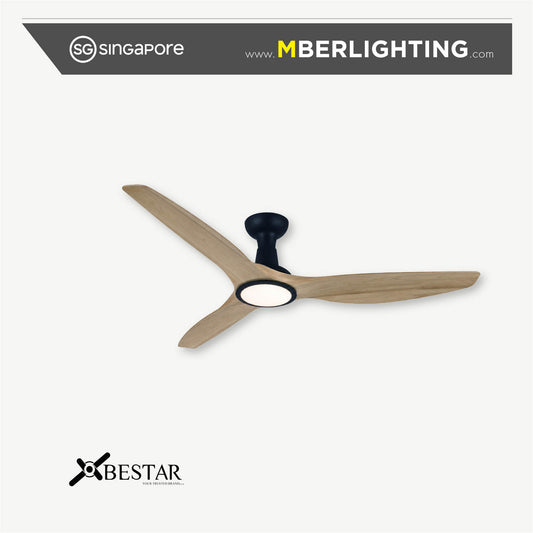 Bestar SLEEK 3 blade ceiling fan with LED light in black hugger body with maple wood tone fan blades