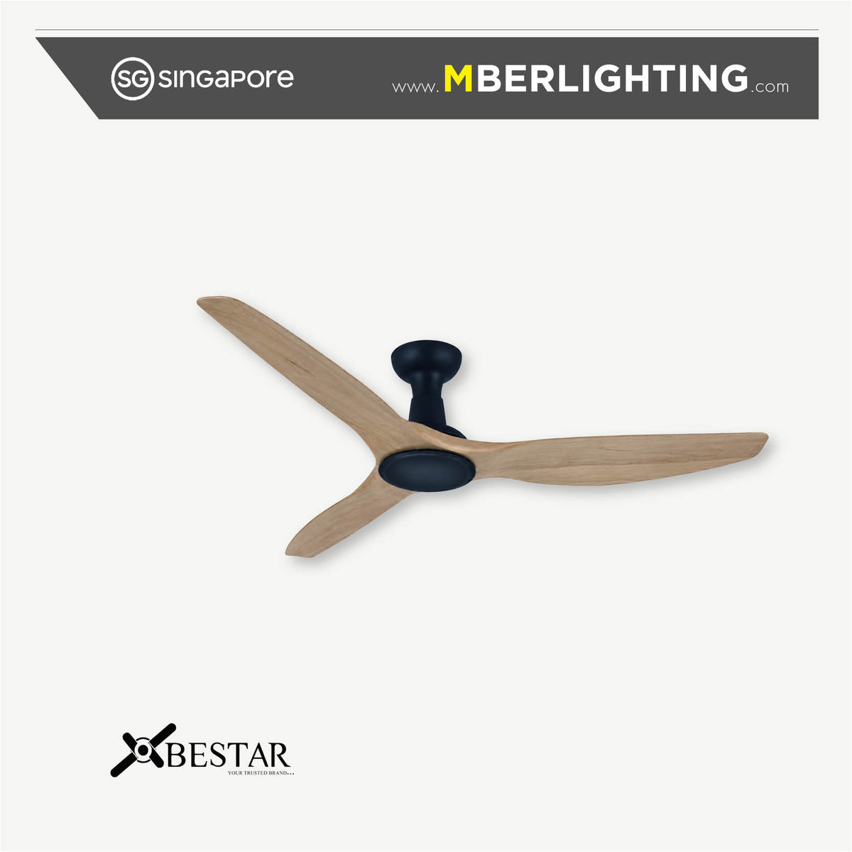 Bestar SLEEK 3 blade ceiling fan without light in black hugger body with maple wood tone fan blades