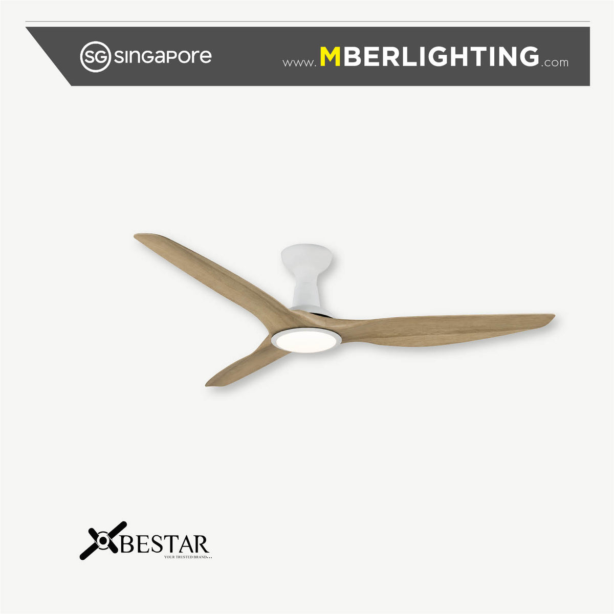 Bestar SLEEK 3 blade ceiling fan With LED light in white hugger body with maple wood tone fan blades