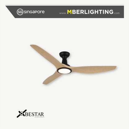 Bestar SLEEK 3 blade ceiling fan with LED light in black hugger body with pine wood tone fan blades