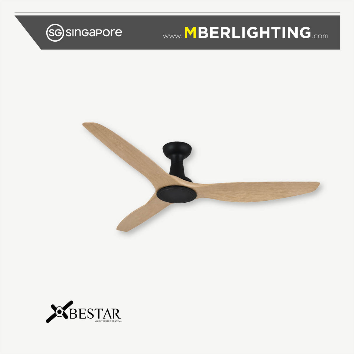 Bestar SLEEK 3 blade ceiling fan without light in black hugger body with pine wood tone fan blades