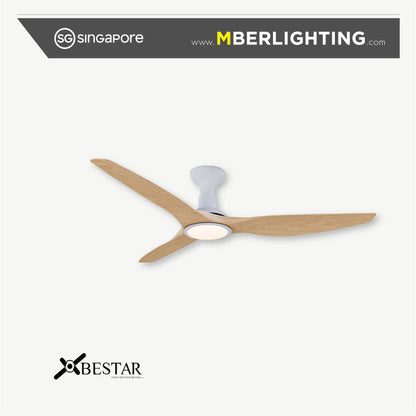 Bestar SLEEK 3 blade ceiling fan with LED light in white hugger body with pine wood tone fan blades