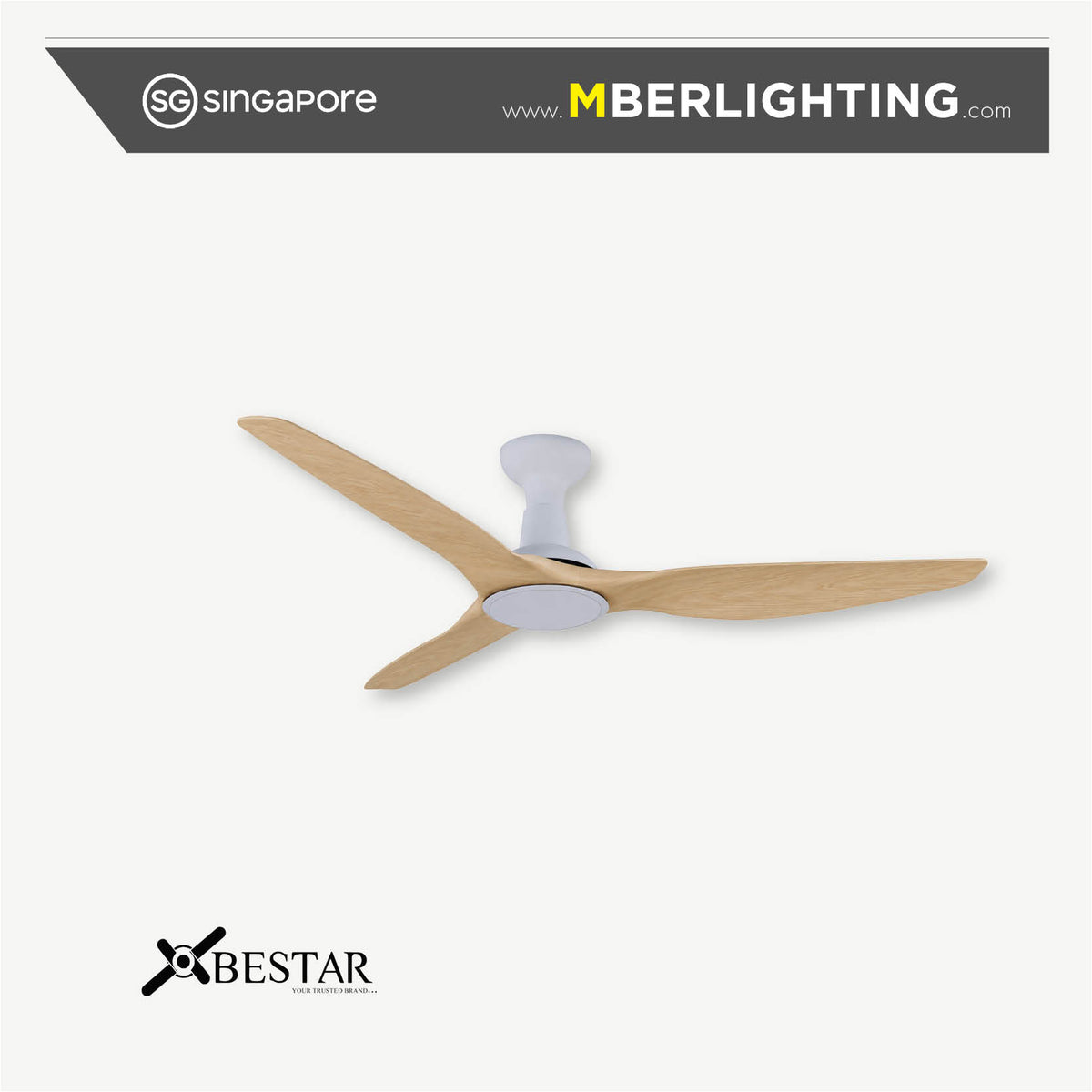 Bestar SLEEK 3 blade ceiling fan without light in white hugger body with pine wood tone fan blades