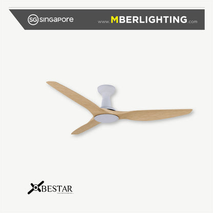 Bestar SLEEK 3 blade ceiling fan without light in white hugger body with pine wood tone fan blades